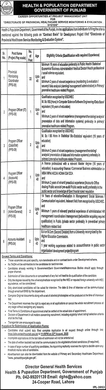 Jobs in Health & Population Department Lahore